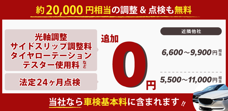 車検のコバック行方麻生店、潮来ラ・ラ・ルー店の車検は、約14,000円相当の点検も無料！/光軸調整・サイドスリップ調整料・エアコンフィルター点検・バッテリー点検料、法定24カ月点検が追加0円で無料！車検基本料に含まれます。